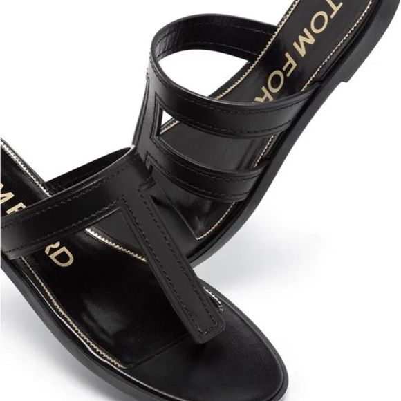 NEW Tom Ford T F Logo Black Leather Sandal Flat 37 - Picture 2 of 12